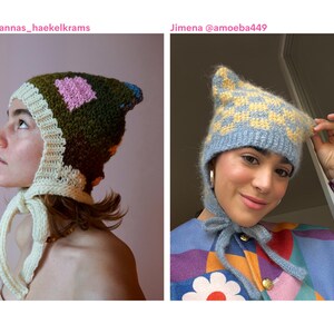 May include: Two colourful, handmade knitted hats. One is green, cream, and pink, with a square design. The other is blue and yellow, with a chequered pattern. Both hats have ties under the chin.