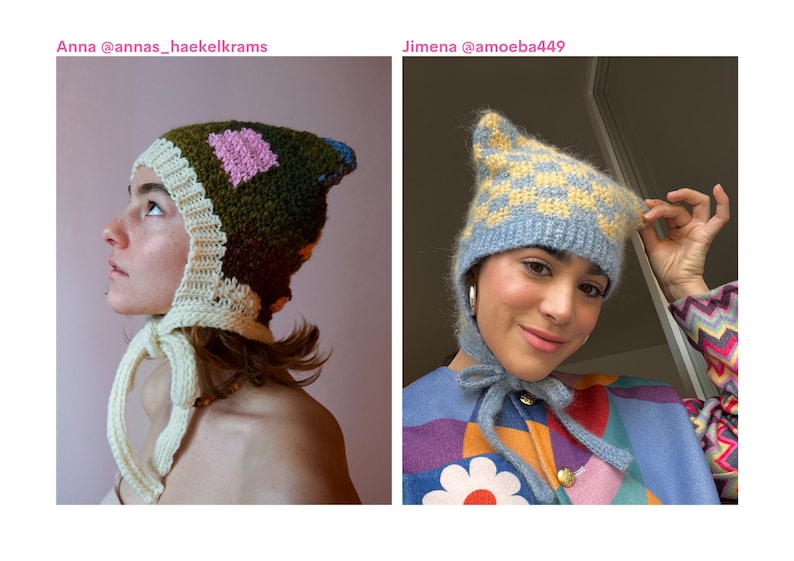 May include: Two colourful, handmade knitted hats. One is green, cream, and pink, with a square design. The other is blue and yellow, with a chequered pattern. Both hats have ties under the chin.