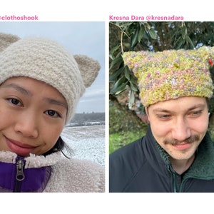 May include: Two individuals are shown wearing cat ear hats. One hat is a creamy off-white, the other is a vibrant mix of pink, green, and yellow. The hats are the central feature, displaying a quirky, imaginative design. The image is a close-up, emphasising the texture and style of the hats.