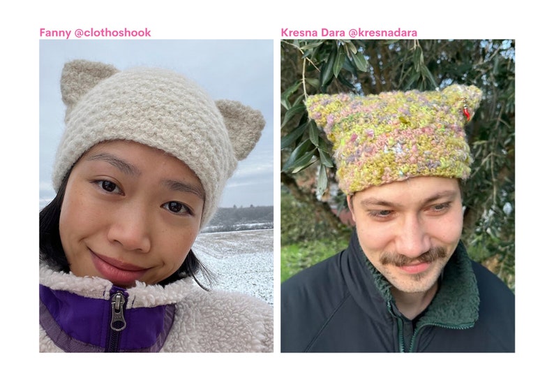 May include: Two individuals are shown wearing cat ear hats. One hat is a creamy off-white, the other is a vibrant mix of pink, green, and yellow. The hats are the central feature, displaying a quirky, imaginative design. The image is a close-up, emphasising the texture and style of the hats.