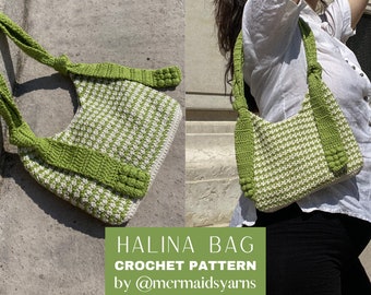 May include: A green and white crocheted bag with a long strap. The bag is called "Halina Bag Crochet Pattern by @mermaidsyarns".
