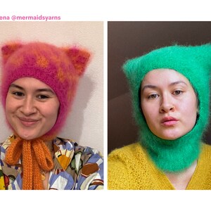 May include: Two images side-by-side. The left image shows a person wearing a pink and orange cat-eared balaclava with an orange scarf. The right image shows a person wearing a green balaclava. Text at the top reads "Magdalena @mermaidsyarns".