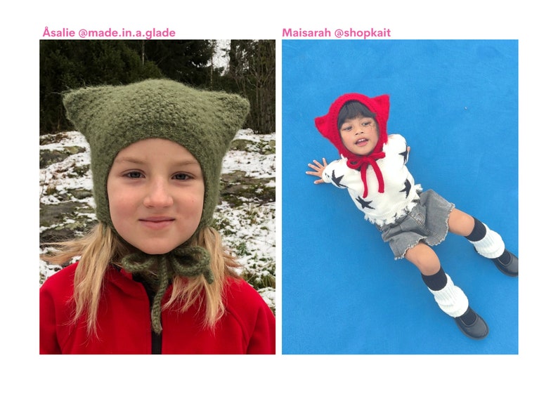 May include: Two children wearing cat-eared hats. One hat is olive green, the other is red. The child on the left is wearing a red jacket. The child on the right is wearing a white sweater with black star designs, a grey skirt, and black shoes.