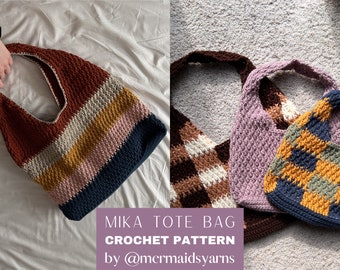 May include: Three crocheted tote bags in different color combinations. The bags are made with a checkered pattern. The text "Mika Tote Bag Crochet Pattern by @mermaidsyarns" is at the bottom of the image.