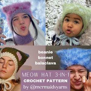 May include: A collage of four images showcasing handmade crochet cat ear hats in various colors. The hats are worn by different people. The text "MEOW HAT 3-IN-1 CROCHET PATTERN" is visible, along with the designer's Instagram handle.