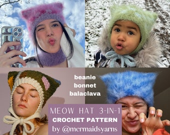Meow hat 3-in-1 crochet pattern (balaclava, bonnet, beanie) / PDF FILE / English / cat ear hat