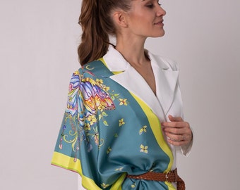 Butterfly on pure silk scarf in green, handmade by Iryna Feinblatt for women in a pink gift box