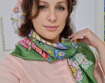 Butterfly on Pure Silk Scarf in Green Colour | Original Design by Iryna Feinblatt | delivered in a pink gift box