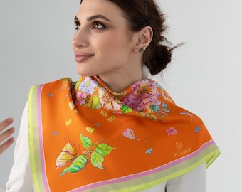 Silk Head Scarf with Floral Print in Orange Colour by Iryna Feinblatt for Silk Lovers