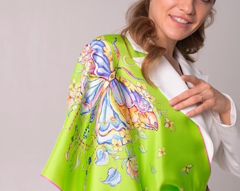 Magical butterfly on pure silk scarf in colourful green an original design by Iryna Feinblatt comes in a pink gift box