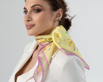 Silk head scarf with a heart of flowers in yellow by Iryna Feinblatt for women