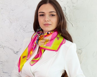 Pure Silk Scarf Alica in Vibrant Pink and Yellow Shades by Iryna Feinblatt is a Perfect Gift for Her