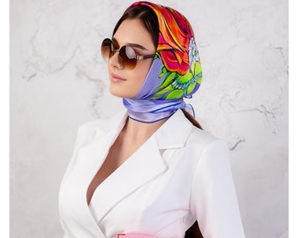 Silk Head Scarf "Pretty" in Blue and Purple an Original Design by Iryna Feinblatt Comes in a Pink Gift Box