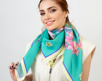 Bohemian Silk Head Scarf with Butterfly and Pink Flowers: A Stylish and Elegant Gift by Iryna Feinblatt