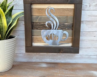 Coffee Wood and Metal Sign / Coffee Bar / Cup / Espresso / Weathered Wood / Rustic / Farmhouse / Kitchen / Wall Decor / Plasma Cut / Steel