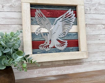 Eagle Patriotic Wall Art / Wood and Metal Sign / 4th of July Decor / Summer / America / Veteran Farmhouse / Rustic / Bald Eagle / Handmade