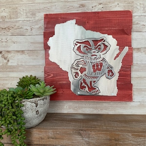 Bucky Badger Wisconsin Sign / Madison WI / Weathered Wood and Metal / Football / Sports / Handmade / Rustic / Plasma Cut / Man Cave