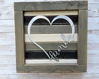 Family Heart Wood and Metal Sign / Love / Weathered Wood / Rustic / Farmhouse / Plasma cut /
