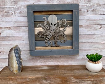 Octopus Wood and Metal Sign / Ocean / Beach / Nautical / Cabin / Sign / Wall Art / Weathered Wood / Rustic / Farmhouse / Plasma Cut / Steel