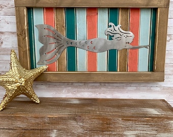 Mermaid Wall Art / Wood and Metal / Ocean / Beach / Nautical / Cabin / Sign / Weathered Wood / Rustic / Farmhouse / Plasma Cut / Steel