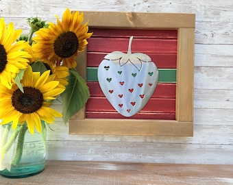 Strawberry  Wood and Metal Wall Art / Summer Fruit / Nature / Weathered Wood / Outdoors  / Cabin / Rustic / Farmhouse / Gifts for Her