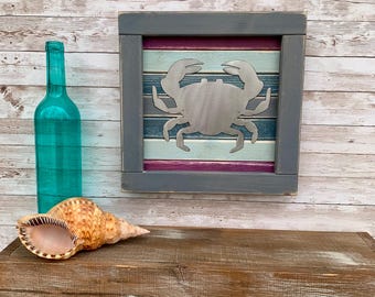 Crab Wall Art / Wood and Metal / Ocean / Beach / Nautical / Cabin / Sign / Weathered Wood / Rustic / Farmhouse / Plasma Cut / Steel