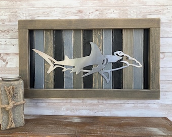 Hammerhead Shark Sign / Wood and Metal / Ocean / Beach / Nautical / Florida / Weathered Wood / Rustic / Farmhouse / Plasma Cut / Steel