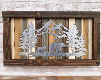 Bear and Mountain Range Wall Art / Wood and Metal / Cabin / Sign / Weathered Wood / Rustic / Farmhouse / Gifts for him / Fathers Day