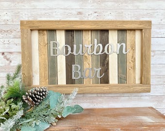 Bourbon Bar Sign / Mancave / Wall Decor / Farmhouse / Wood and Metal / Rustic / Weathered Wood / Plasma Cut /Handmade