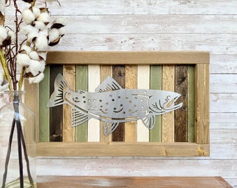 Trout Wood and Metal Sign / Fish / Fishing / Outdoors / Lake / Boating / Sport / Farmhouse / Rustic / Weathered Wood / Plasma Cut /Handmade