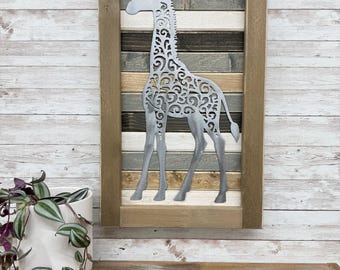 Giraffe Wall Art / Safari / Africa / Sign /Wall Decor / Farmhouse / Kids Room / Wood and Metal / Rustic / Weathered Wood / Handmade
