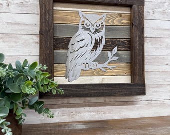Owl Wall Art / Wood and Metal / Cabin / Sign / Outdoors / Weathered Wood / Wisconsin / Wall Decor / Rustic / Nature / Gift for him