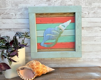Sea Shell Wall Art / Wood and Metal / Ocean / Beach / Nautical / Tropical Florida / Sign / Weathered / Rustic  Farmhouse /Plasma Cut / Steel