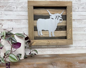 Highland Cow Wood and Metal Sign /  Farm / Farmhouse  / Weathered Wood / Rustic / Plasma cut / Barn / Animal