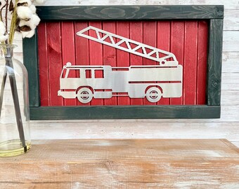 Firetruck Sign / Firefighter / Wall Decor / First Responder/ Farmhouse / Wood and Metal / kids room / Weathered Wood / Plasma Cut /Handmade