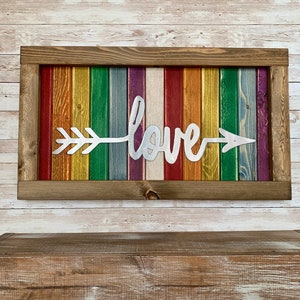 Rainbow Love Sign / Weathered Wood and Metal / Gay Pride / LGTBQ / Rustic / Farmhouse / Plasma Cut / Wall Decor / Steel