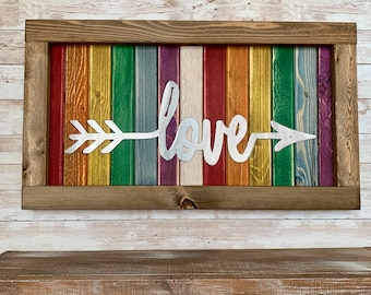 Rainbow Love Sign / Weathered Wood and Metal / Gay Pride / LGTBQ / Rustic / Farmhouse / Plasma Cut / Wall Decor / Steel
