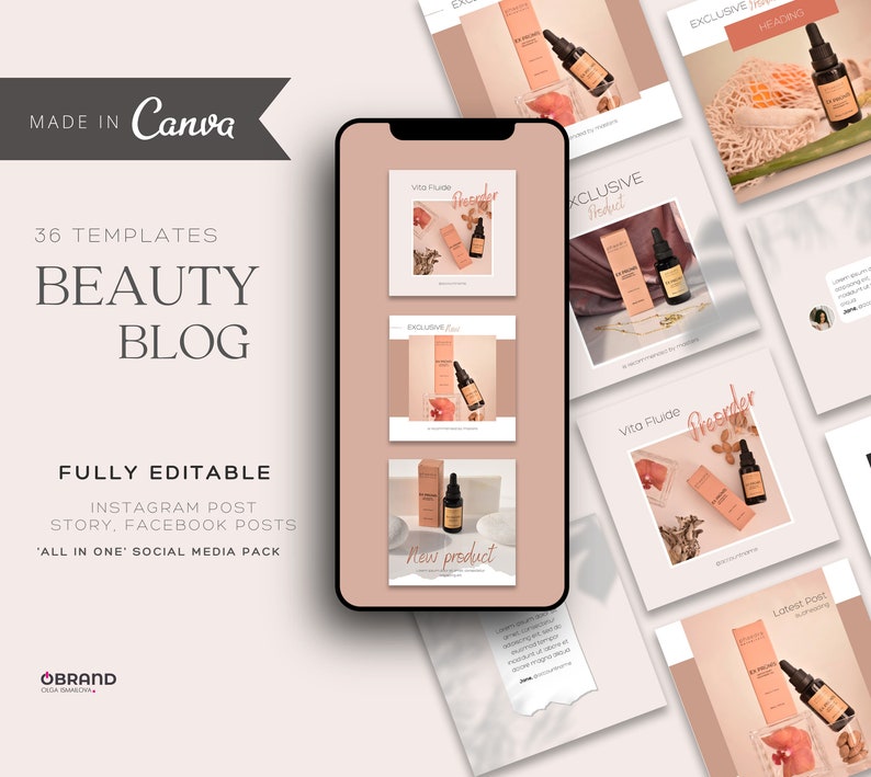 Social Media Pack for Beauty Blogger 36 Beauty Instagram Templates for Canva Beauty Blog Instagram and Facebook Templates