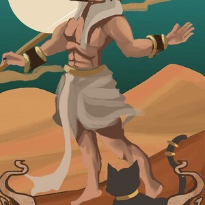 May include: A tarot card illustration of The Fool, a man in a white robe and a golden headdress, standing on a desert landscape with a black cat. The card has a banner at the bottom that reads "THE FOOL".