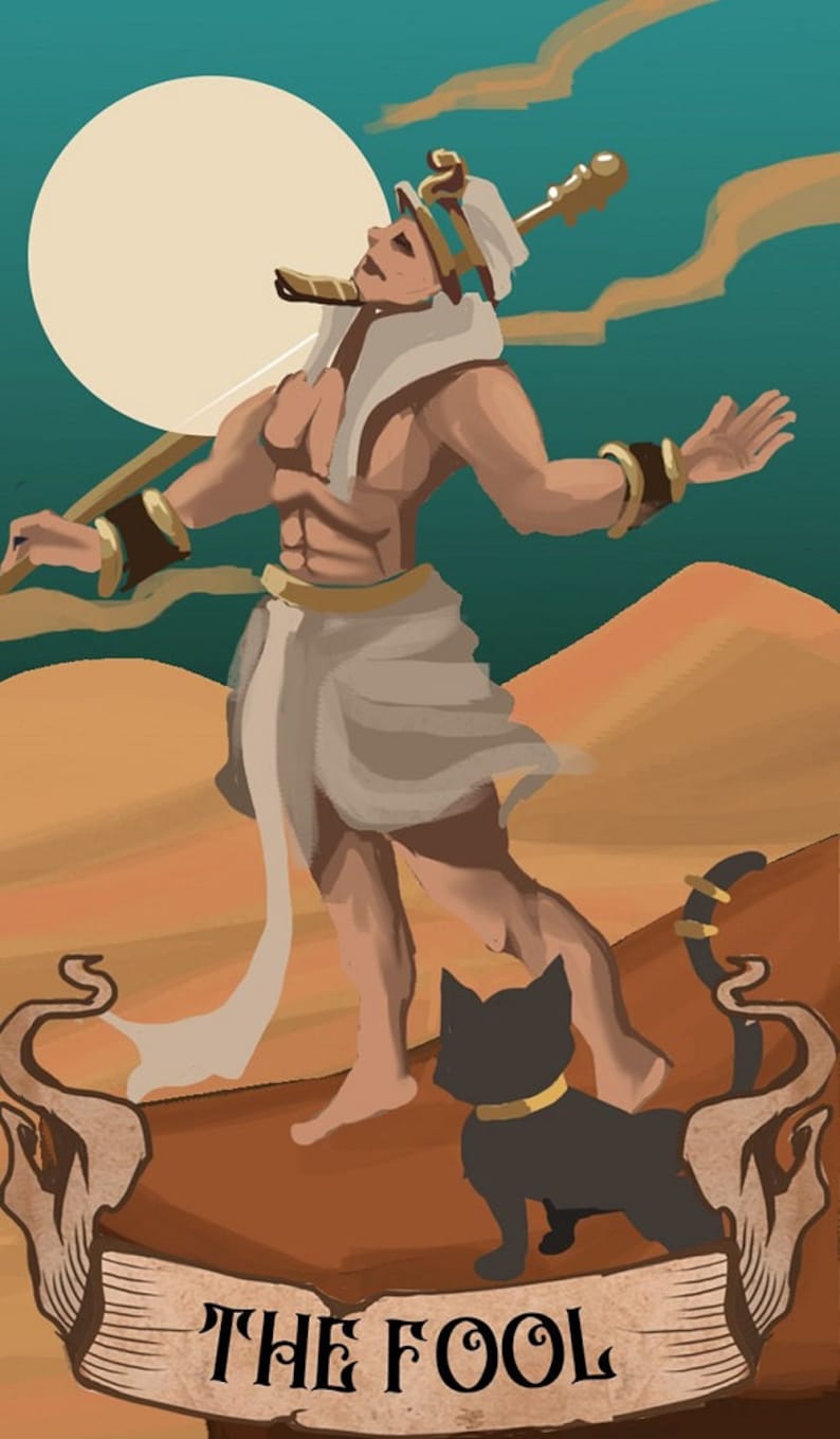 May include: A tarot card illustration of The Fool, a man in a white robe and a golden headdress, standing on a desert landscape with a black cat. The card has a banner at the bottom that reads "THE FOOL".