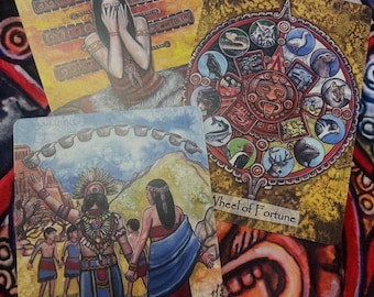 May include: Four tarot cards with colorful illustrations are displayed. The cards feature images of figures, symbols, and text, including "Wheel of Fortune" and "Ten of Cups". The background is a patterned fabric with red, blue, and orange hues.