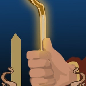 May include: A golden wand with a glowing tip is held by a hand against a blue background. The wand is surrounded by a brown banner with the text "ACE OF WANDS".