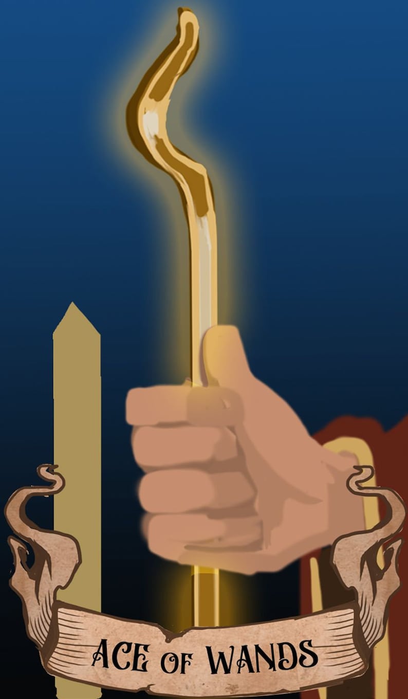 May include: A golden wand with a glowing tip is held by a hand against a blue background. The wand is surrounded by a brown banner with the text "ACE OF WANDS".
