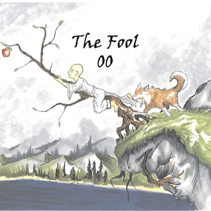 May include: A watercolor illustration of a person reaching for an apple on a branch, with a wolf standing on a cliff in the background. The text "The Fool 00" is written above the person.