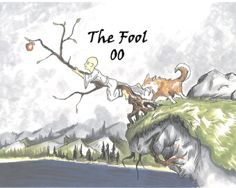 May include: A watercolor illustration of a person reaching for an apple on a branch, with a wolf standing on a cliff in the background. The text "The Fool 00" is written above the person.
