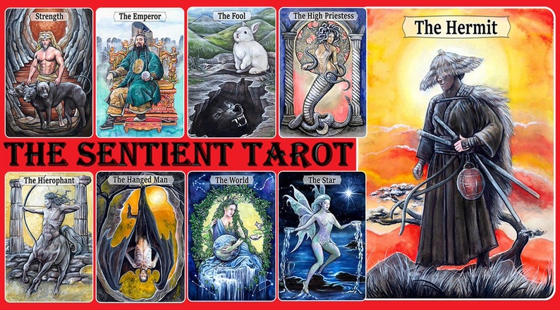 Op de afbeelding: Een set tarotkaarten met kleurrijke illustraties die verschillende personages en sc&egrave;nes uitbeelden. De kaarten zijn gerangschikt in een raster met de titel "THE SENTIENT TAROT" bovenaan.