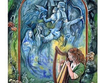 May include: A watercolor painting of a woman playing a harp in a forest setting. The woman is wearing a green dress and has long brown hair. The harp is gold and has a wooden frame. The background is a blue and green watercolor wash with a castle in the distance. The text "Fantastic Myths and Legends Tarot" appears at the bottom of the painting.