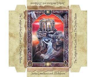 May include: Tarot card box featuring an illustration of an ancient temple on a cliff, with a woman in flowing robes. The box has text that reads "The Twilight of the Gods Tarot: The Delphic Maxim" and the names "Janka Látečková and JS Moore."