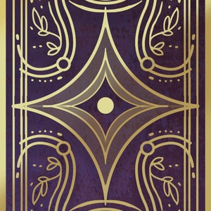 May include: A gold geometric design on a purple background. The design features a diamond shape with a circle in the center, surrounded by stylized leaves and circles.