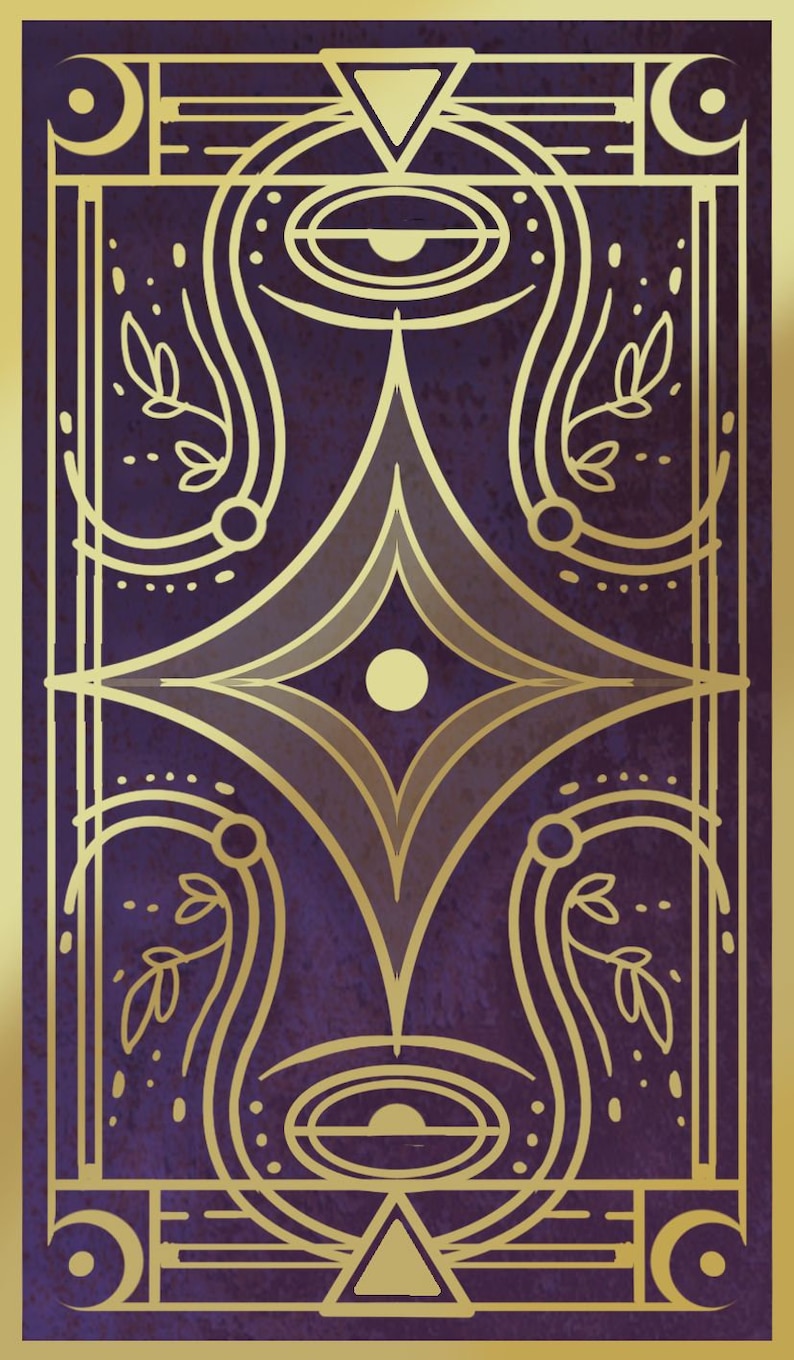 May include: A gold geometric design on a purple background. The design features a diamond shape with a circle in the center, surrounded by stylized leaves and circles.